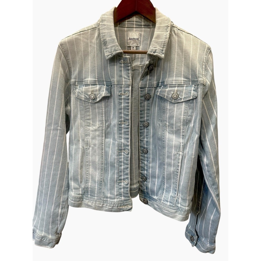 Kensie Women Faded Light Blue Denim Striped Cotton Blend Long Sleeve  Jacket M